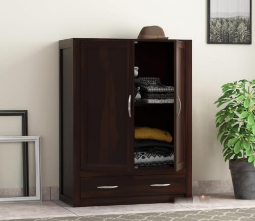 Image of Sheesham Wood Wooden 2 Door Wardrobe Organizer for Clothes | - Solid Wood Almirah with 1 Drawers, 2 Shelves - Cupboard for Large Bedroom, Walnut Finish