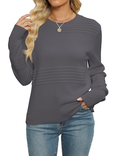 Image of Womens Long Sleeve Tops Fashion 2024 Round Neck Sweaters Ribbed Knit Pullover Sweaters Gray L