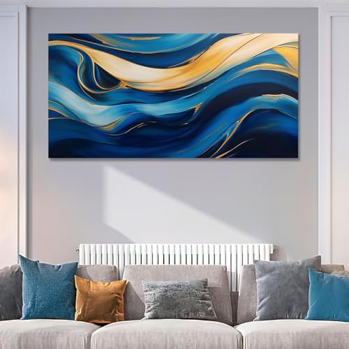 Toile murale dorée et bleue abstraite pour sublimer le design d'un salon chic