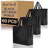 Nush Nush Set of 60 Black Gift Bags Bulk - Shiny Black Reusable Large Gift Bags with Handles - Ideal for Small Business, Big Parties and Events, Corporate Gifts, Halloween, Christmas Gifts - 13x5x11