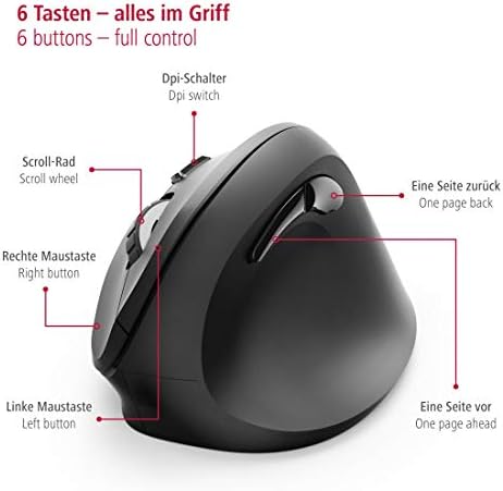 Hama 182699 ergonomic wireless mouse (vertical mouse without cable for right-handers, wireless mouse with optical sensor 1000/1400/1800dpi) black, USB Type-A plug, AA Mignon battery
