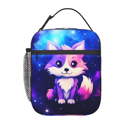Anyako Galaxy Fox Printed Insulated Lunch Box Portable Lunch Bag with Detachable Handle,Reusable Lunchbox for Office Work Travel Picnic Camping Beach