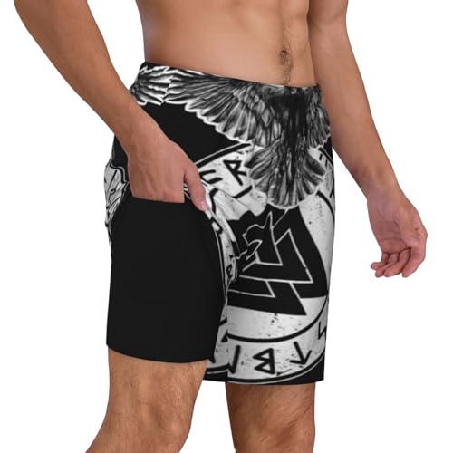 Odin Viking Norse Mythology Black Raven Crow Men's Swim Trunks with Compression Lining Shorts Beach Pants
