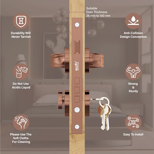 Image of GLOXY Mortise Knob Locks for Main Door, Mortise Door Lock, Door Set with 3 Brass Keys, Bedroom Door Lock, Handle Lock for Kitchen, Balcony| Rose Gold Finish (2 Years Warranty, Pack of 1)
