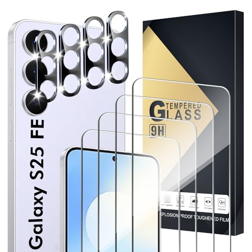 Xiezezei Screen Protector Compatible with Galaxy S25 FE 5G [4+4 Pack] Camera Lens Protectors Fingerprint Unlock Support HD Tempered Glass Touch Sensitive Anti Scratch Case Friendly
