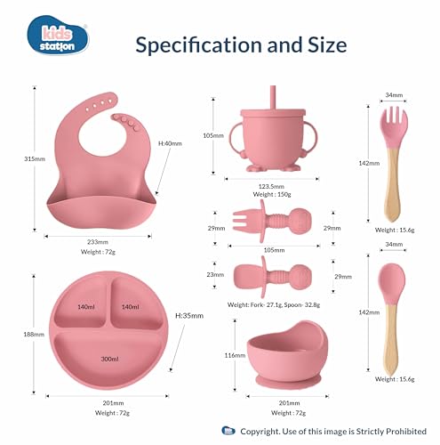 Image of Kids Station 8-Piece Silicone Baby Feeding Set | Suction Bowl, Plate, Bib, Cup, Spoon & Fork | 100% Food Grade BPA-Free Silicone | Non-Slip, Easy to Clean (Pack of 8, Dark Pink)