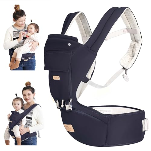 Image of FRUITEAM 6-in-1 Baby Carrier with Waist Stool, Adjustable for Breastfeeding, One Size Fits All - Adapt to Newborn, Infant & Toddler (Navy)