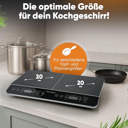 ProfiCook® Induktionskochplatte 2 Platten | heiß in Sekundenschnelle | 10 Stufen | Timer | bis 240°C Induktionsplatte doppelt | Induktionskochfeld 2 Platten | Induktionskochplatte | PC DKI 1067