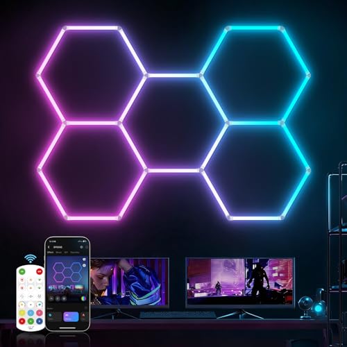 HYPERLITE Hexagon Garage Lights: Gen-IV 5 Grid RGB Hexagon LED Lights with Music Sync Mode App & Remote Control Multi-Color Honeycomb Light for Gaming Room Gym Garage