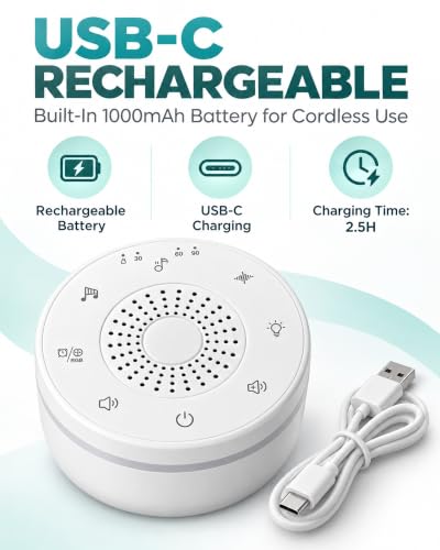 Portable White Noise Machine, Rechargeable Sound Machine for Sleep | 30 sounds, 5-color night light, 32 volume levels, 30/60/90-minute timers, memory, child lock, USB-C charging and lanyard - image 3