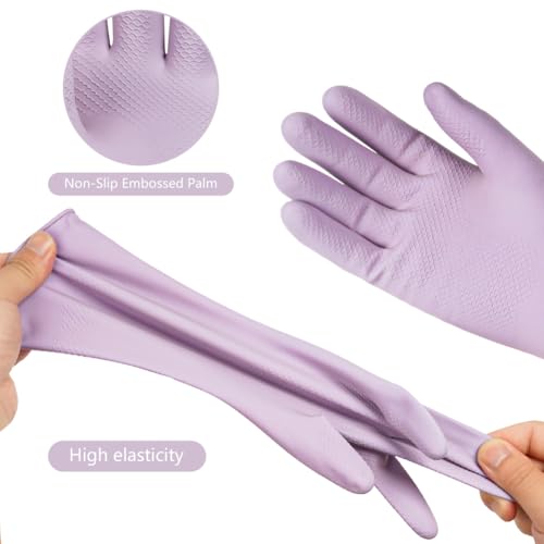 AUAUY 3Par Reutilizables Guantes Limpieza Hogar, Antideslizantes Guantes Limpieza Sin Olor, Impermeables Guantes Largos con Palma en Relieve para Limpieza Cocina, LavanderíA (Verde+Naranja+Morado, S) - imagen 3
