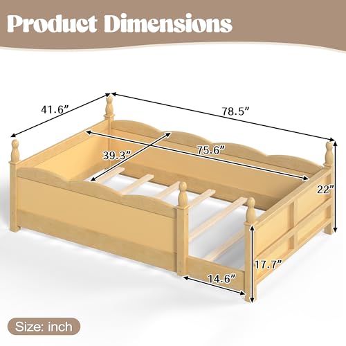 Image of Bellemave Twin Size Montessori Floor Bed Frame with High Fence, Solid Wood Kids Floor Bed with Bookshelf, Low Profile Bed for Boys & Girls, Childlike Design,Natural
