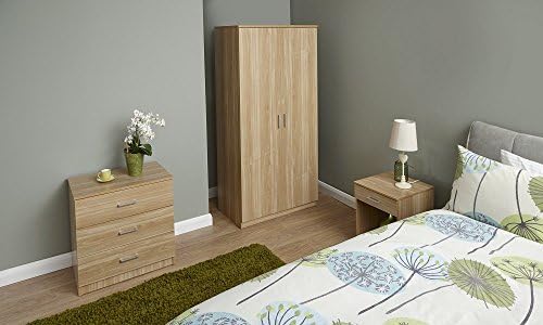 Home Source 3 Piece Bedroom Wooden Furniture Sets - Wardrobe, Chest, Bedside - Oak