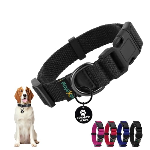 Collier Chiot, Collier pour Chien en Coton Doux, Collier Chat Anti étranglement Réglable, Collier Accessoires avec Médaille Amovible pour Chiot Petit Animal Moyen Grande, 25-40/2,0cm (S), Noir