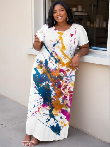Image of PinkPatty Plus Size Dress for Women Casual Crew Neck Short Sleeve Maxi Dress Oversized Summer Beach Dresses with Pockets