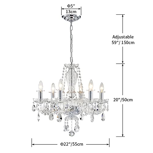 Agv Lighting Modern Chandelier Light Fixture, Crystal Pendant Raindrop Chandelier, With 6-Lights E12 Base, D22 X H20, Adjustable Chain Max 59", Chrome Finish #TOP1