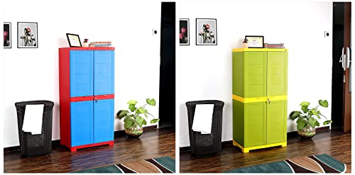 Image of Cello Novelty Big Plastic 2 Door Cupboard with 3 Shelves (Green and Yellow) & Novelty Plastic 1 Door Big Cupboard - Red and Blue