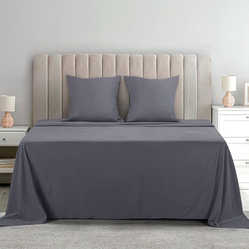 Image of Utopia Bedding 4-Piece Bed Sheet Set 160 x 200 cm, Grey - Polyester Microfibre, Oeko-Tex Certified, 1 Fitted Sheet 160 x 200 cm, 1 Flat Sheet 266 x 259 cm and 2 Pillowcases 65 x 65 cm
