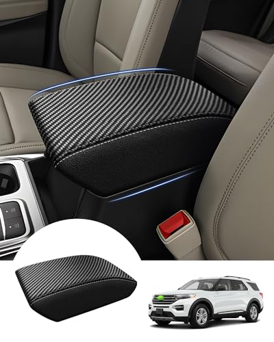 Image of Autorder Center Console Cover for Ford Explorer 2020-2026 Accessories Armrest Cover Carbon Fiber Anti-Scratch Middle Console Pad Leather Armrest Protector
