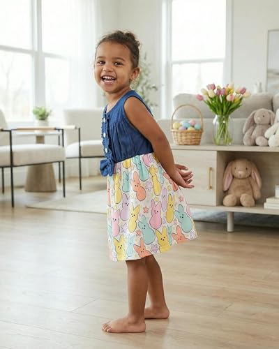 Image of Unique Baby Girls Sleeveless Denim Dress with Knot Tie and Fun Print for Toddler and Big Kids