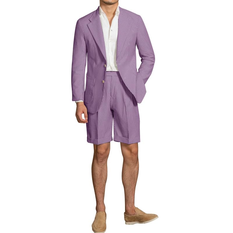 Men Lightweight Sear Sucker Suit Shorts Set Summer Beach Party Blazer & Short Pants Set Casual Striped Tuxedo Shorts Set 2pcs2