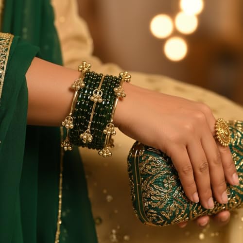 Image of NEW SURYA ENTRPRISES Kashmiri Ghangharoo Glass Bangle Set for Women|Light Weight Bangles|Traditional Transparent Fancy Glass Chudi Set Of 16(12 Glass + 4 ghungroo bangles)