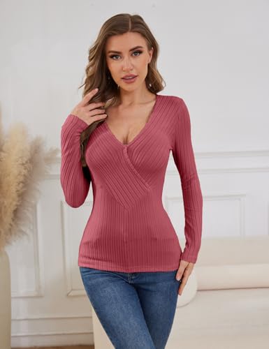 Image of Womens Deep V Neck Sexy Wrap Sweater Long Sleeve Slim-Fitted Knitted Jumper Tops