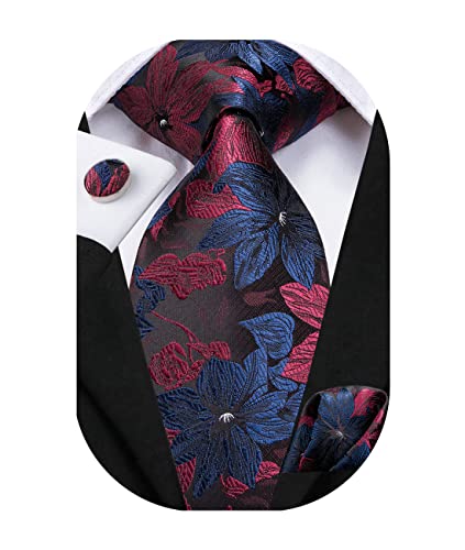 Hi-Tie Mens Navy and Red Tie Set Silk Floral Necktie with Pocket Square Cufflinks Set Formal Necktie for Wedding