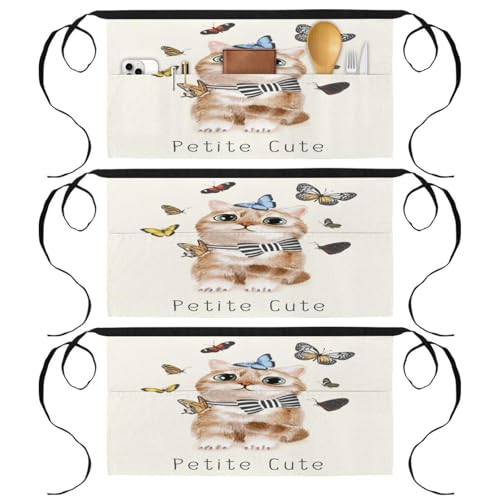 Tablier court de chef chat mignon avec 3 poches pour cuisine lot de 3