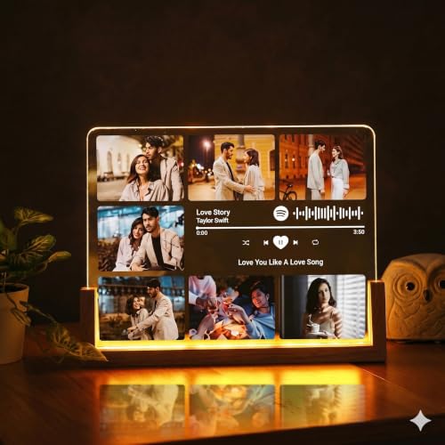 Image of Custom Photo LED Night Lamp with Song Name and scannable song Code - Personalized Plaque, Couple Collage Picture Frame Light