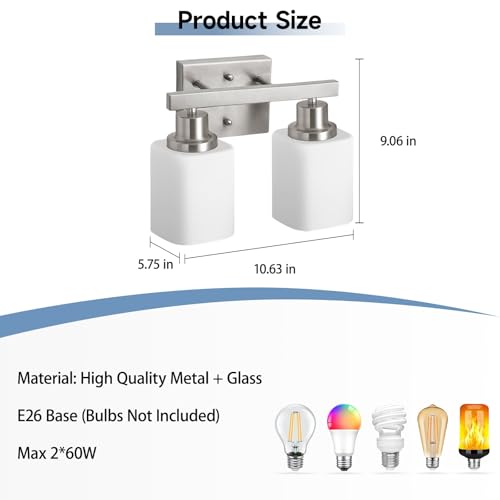 Image of 2 Light Brushed Nickel Vanity Light,Brushed Nickel Vanity Lights for Bathroom,Bathroom Light Fixtures Over Mirror,Wall Sconces for Living Room,Bedroom,Hallway(E26 Base)