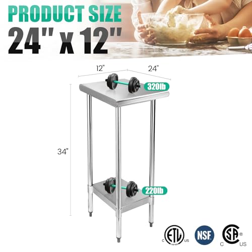 Image of STABLEINK NSF Stainless Steel Small Table 12x24 Inches, Metal Prep & Work Table with Adjustable Undershelf, for Commercial Kitchen, Restaurant, Hotel and Garage