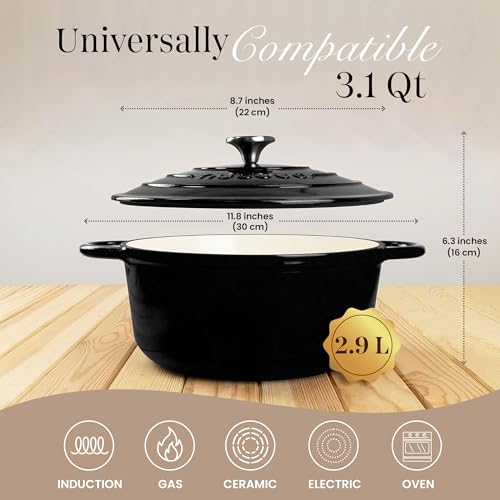 Image of Cast Iron Pot with Lid-Non-Stick Ovenproof Enamelled Casserole Pot, Oven Safe up to 500 F-Sturdy Dutch Oven Cookware - Black, 5-Quart, 24cm-by Nuovva