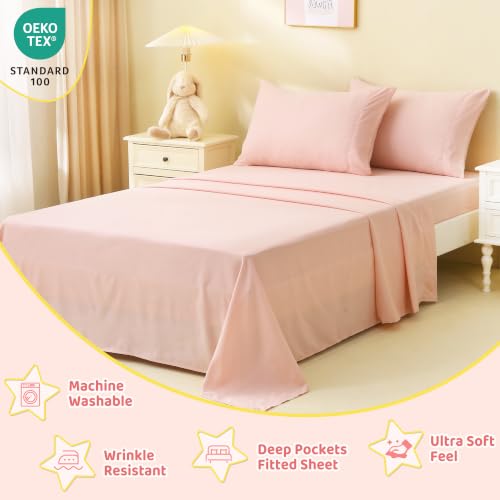Image of Viviland 4 Pieces Girls Full Sheets Set Kids, Blush Pink Bed Sheets | Breathable & Soft Microfiber Kids' Sheet & Pillowcase Sets, Fitted Sheet with 15 inch Deep Pocket and Corner Straps, Easy Care