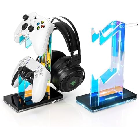 OAPRIRE Controller Holder Headset Stand with Lights, 2 Tier Acrylic Gaming Controller Stand for PS4, PS5, Xbox ONE, Switch, Universal Design (Black) Cover
