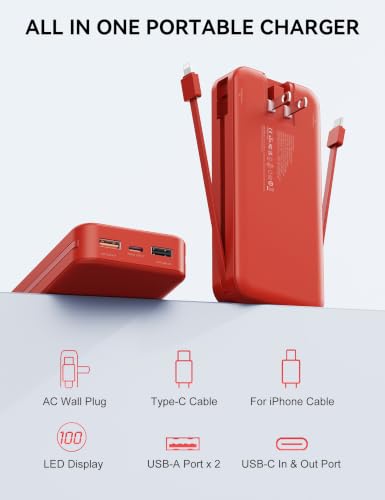 Image of Nusyddy Portable Charger 20000mAh PD20W w /Built-in Cables & Wall Plug Red | PD20W Fast Charging, High Capacity, LED Display, Charge 5 Devices at once, TSA Approved, Compatible with iPhone /iPad /Samsung