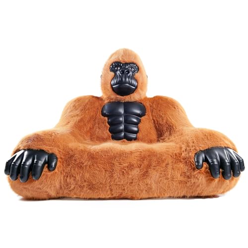 Giant Inflatable Gorilla Couch Blow Up Gorilla Sofa Furry Plush Orangutan Furniture for Lounging, Gaming or Movie Nights (Brown)