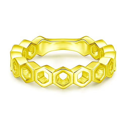 Bague hexagone en argent véritable pour femme au motif nid d'abeille