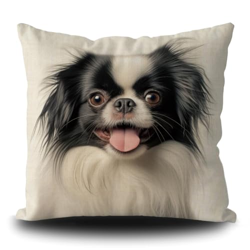 Funny Japanese Chin Dog Pillow Cover Dog Puppy Art Decorative Pillow Case for Couch Sofa Bed Dog Lover Gift Linen White 16X16 Inch Double Side, Style 3