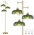 AHDWDW Gold Floor Lamp for Living Room Bedroom,Modern Floor Lamps with Unique Green Glass Shades,3 Lights Mid Century Tall Standing Lamp,Vintage Tree Flower Floor Lamp for Corner Office Reading