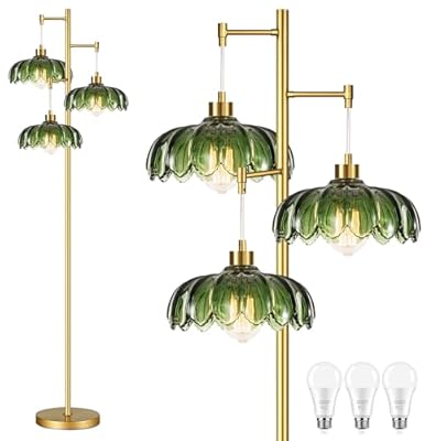 AHDWDW Gold Floor Lamp for Living Room Bedroom,Modern Floor Lamps with Unique Green Glass Shades,3 Lights Mid Century Tall Standing Lamp,Vintage Tree Flower Floor Lamp for Corner Office Reading