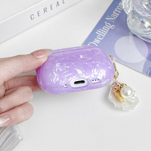 Image of OTOPO for Cute Airpods Pro 3 Gen Case Girl Women 2025 with Cleaner Kit, Glitter Shell Pattern Apple iPod Pro 3rd Generation Protective Cover Skin with Pearl Shell Keychain, Purple