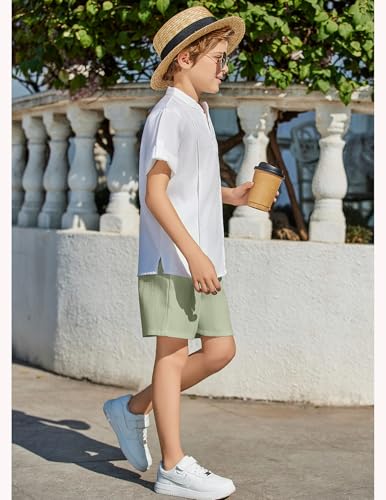 Image of Arshiner Boy's 2 Pieces Linen Sets Short Sleeve Henley Shirt and Shorts Summer Beach Matching Outfits 4-12 Years