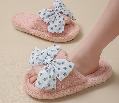 Cute Bow Slippers for Women Men Open Toe Fuzzy House Slippers Indoor Outdoor Anti-Skid Soft Warm Sandals2