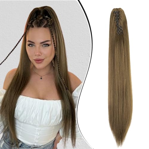 Dcbaboo Ponytail Extension Pferdeschwanz Haarteil Zopf Extension mit Klammer Gerade Lang Haarverlängerung Zopf Clip Synthetik Glatt Pferdeschwanz Haarextension, 50cm Goldbraun