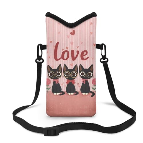 Image of Small Phone Bag Water-Resistant Crossbody Pouch with Adjustable Strap Cellphone Case Mini Satchel Fits Most Phones for Valentine's Day, Black Cat Rose Heart-Shaped Love Print Pink