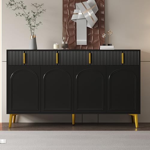 Sideboard Anrichte Buffet Buffetschrank mit goldenen Griffen und Beinen, 4 Türen, 4 Schubladen, herausnehmbaren Einlegeböden, modernes Design für Wohn- und Esszimmer, 140 x 37,8 x 82 cm Schwarz
