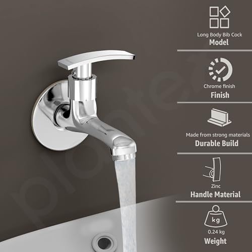 Image of Plantex Bib Cock Water Tap for Bathroom with Brass Spindle and Water Saving Nozzle /Kitchen and Bathroom Accessories - Pack of 2 (Long Body-Chrome)