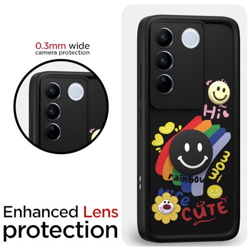 Image of Pikkme Back Cover for Vivo V27 5G / V27 Pro 5G | Soft Silicone| Cute Rainbow Smile & 3D Cartoon Flower Design | Shockproof Raised Camera Protection Bumper Case (Black)
