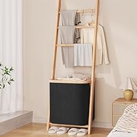 ZHUMUJIAJU Blanket Ladder with Basket, Towel Rack with Storage Hamper Basket, Wall Leaning Decorative Ladder Shelf, Drying Display Blanket Holder Rack for Bathroom Living Room